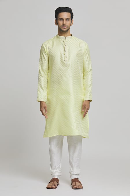 Arihant Rai Sinha_Yellow , Satin Embroidery Bloom Motif Pattern Kurta Set _Online_at_Aza_Fashions