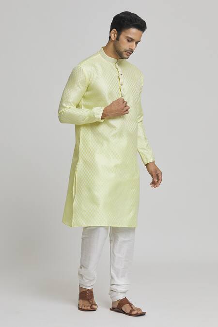 Buy_Arihant Rai Sinha_Yellow , Satin Embroidery Bloom Motif Pattern Kurta Set _Online_at_Aza_Fashions