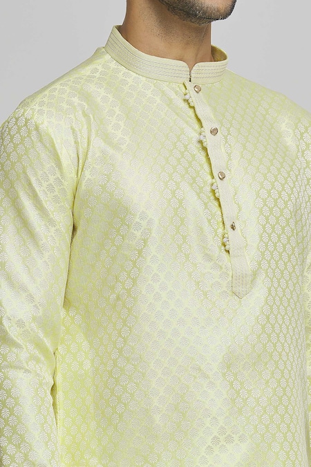 Shop_Arihant Rai Sinha_Yellow , Satin Embroidery Bloom Motif Pattern Kurta Set _Online_at_Aza_Fashions