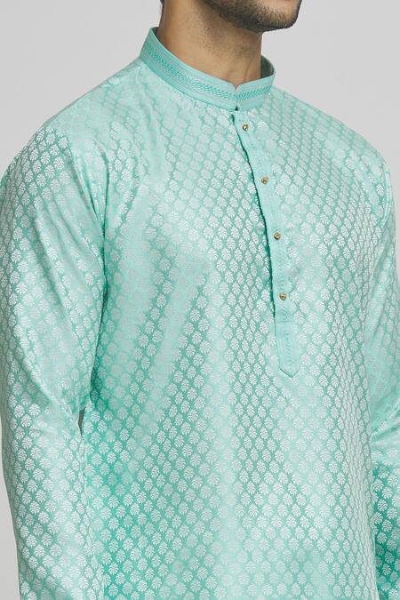 Shop_Arihant Rai Sinha_Green Silk Damask Motif Blend Kurta Set_Online_at_Aza_Fashions