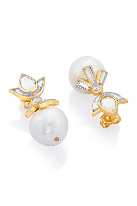 Gold String of Pearl Stud Earrings