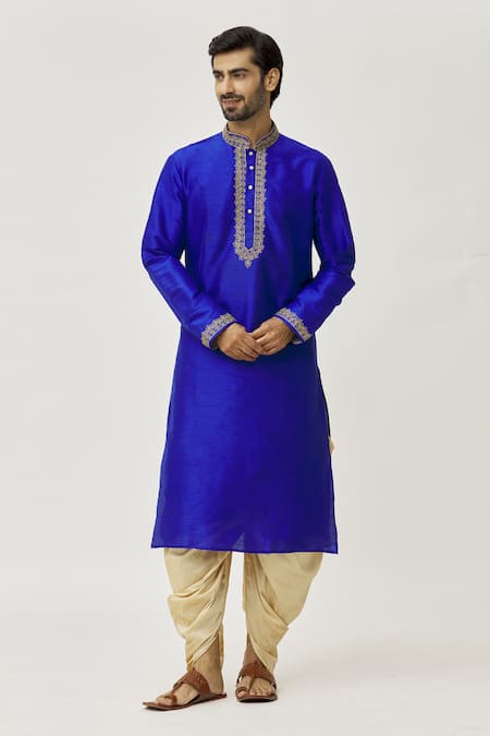 Arihant Rai Sinha Blue Silk Embroidery Placket Floral Kurta And Dhoti Pant Set