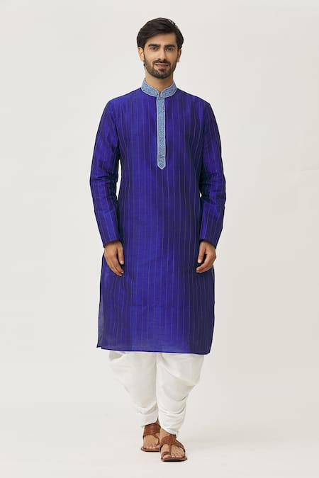 Arihant Rai Sinha_Blue Silk Embroidery Placket Thread Kurta And Dhoti Pant Set _Online_at_Aza_Fashions
