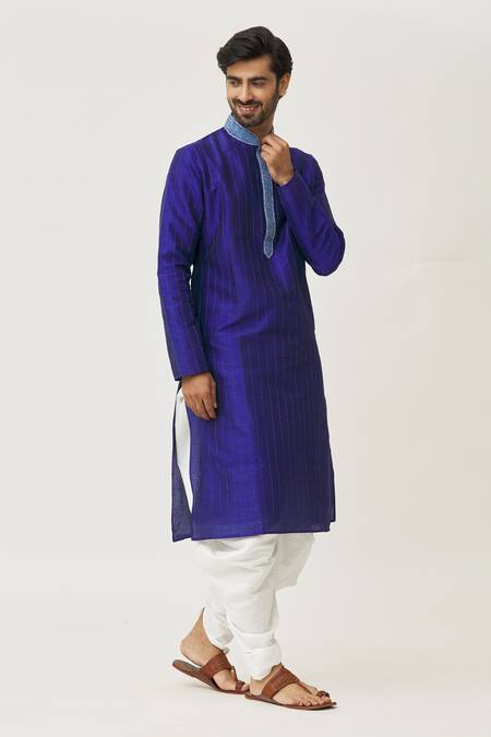 Buy_Arihant Rai Sinha_Blue Silk Embroidery Placket Thread Kurta And Dhoti Pant Set _Online_at_Aza_Fashions