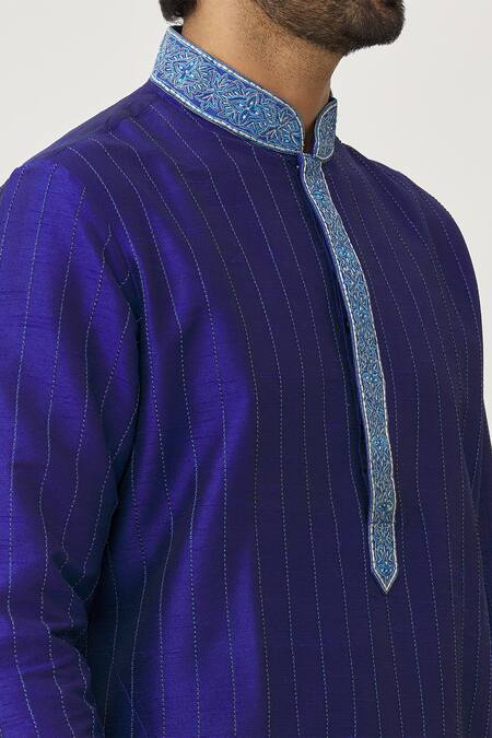 Shop_Arihant Rai Sinha_Blue Silk Embroidery Placket Thread Kurta And Dhoti Pant Set _Online_at_Aza_Fashions