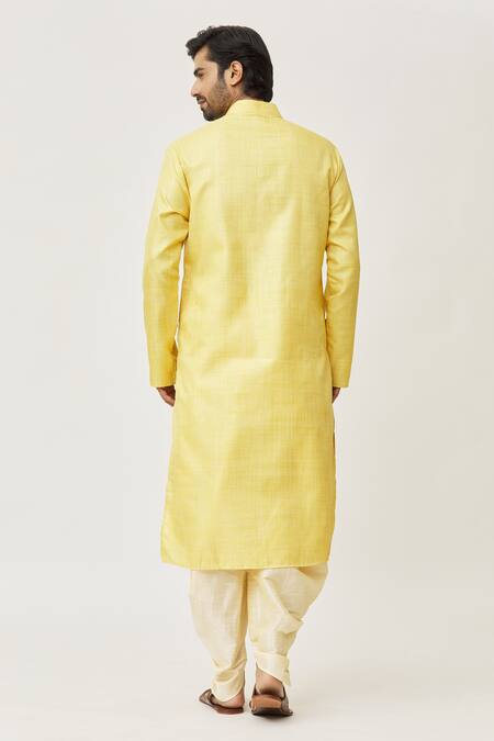 Shop Arihant Rai Sinha Yellow Silk Solid Kurta And Dhoti Pant Set at Aza Fashions Shop_Arihant Rai Sinha_Yellow Silk Solid Kurta And Dhoti Pant Set_at_Aza_Fashions