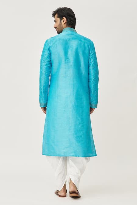 Shop Arihant Rai Sinha Blue Silk Embroidery Kurta And Dhoti Pant Set at Aza Fashions Shop_Arihant Rai Sinha_Blue Silk Embroidery Kurta And Dhoti Pant Set _at_Aza_Fashions