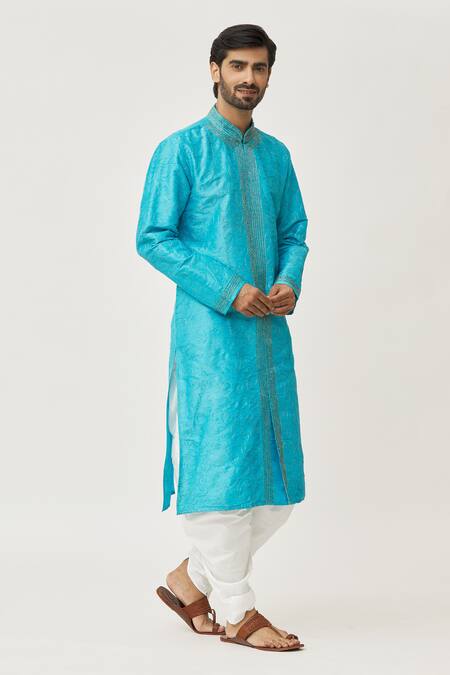 Shop Arihant Rai Sinha Blue Silk Embroidery Kurta And Dhoti Pant Set Online at Aza Fashions Shop_Arihant Rai Sinha_Blue Silk Embroidery Kurta And Dhoti Pant Set _Online_at_Aza_Fashions