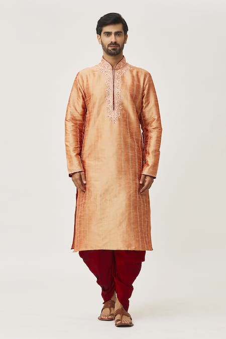 Buy Arihant Rai Sinha Beige Silk Embroidery Thread Kurta And Dhoti Pant Set Online at Aza Fashions Buy_Arihant Rai Sinha_Beige Silk Embroidery Thread Kurta And Dhoti Pant Set _Online_at_Aza_Fashions