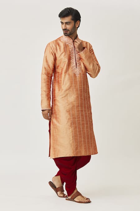 Shop Arihant Rai Sinha Beige Silk Embroidery Thread Kurta And Dhoti Pant Set Online at Aza Fashions Shop_Arihant Rai Sinha_Beige Silk Embroidery Thread Kurta And Dhoti Pant Set _Online_at_Aza_Fashions