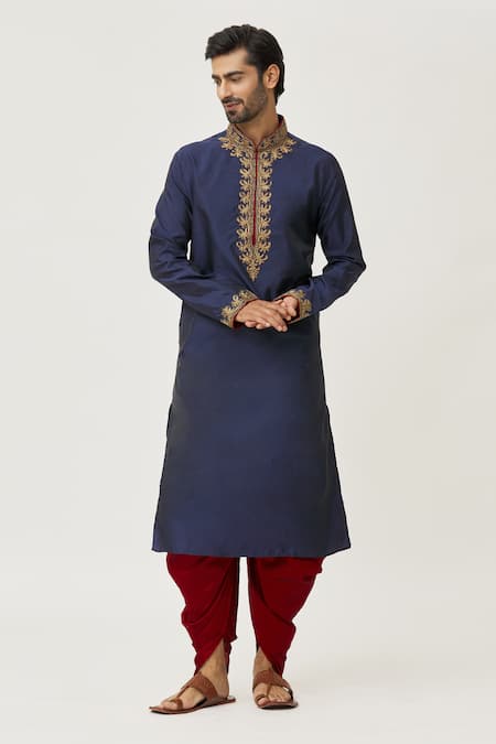 Arihant Rai Sinha Blue Kurta Art Silk Embroidered Leaf Placket And Dhoti Pant Set