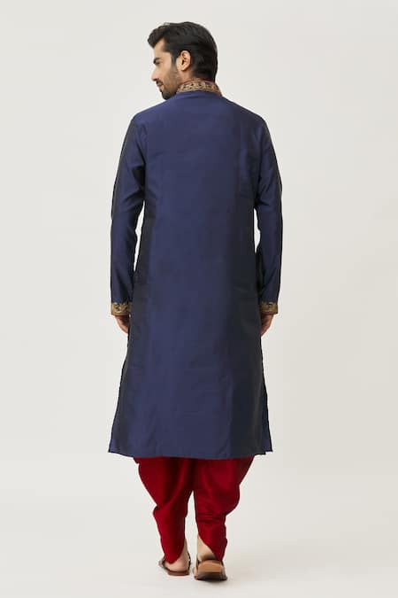 Shop Arihant Rai Sinha Blue Silk Embroidery Placket Leaf Kurta And Dhoti Pant Set at Aza Fashions Shop_Arihant Rai Sinha_Blue Silk Embroidery Placket Leaf Kurta And Dhoti Pant Set_at_Aza_Fashions