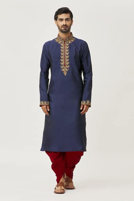 Buy Arihant Rai Sinha Blue Silk Embroidery Placket Leaf Kurta And Dhoti Pant Set Online at Aza Fashions Buy_Arihant Rai Sinha_Blue Silk Embroidery Placket Leaf Kurta And Dhoti Pant Set_Online_at_Aza_Fashions