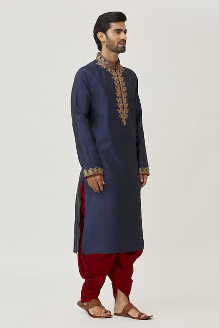 Shop Arihant Rai Sinha Blue Silk Embroidery Placket Leaf Kurta And Dhoti Pant Set Online at Aza Fashions Shop_Arihant Rai Sinha_Blue Silk Embroidery Placket Leaf Kurta And Dhoti Pant Set_Online_at_Aza_Fashions