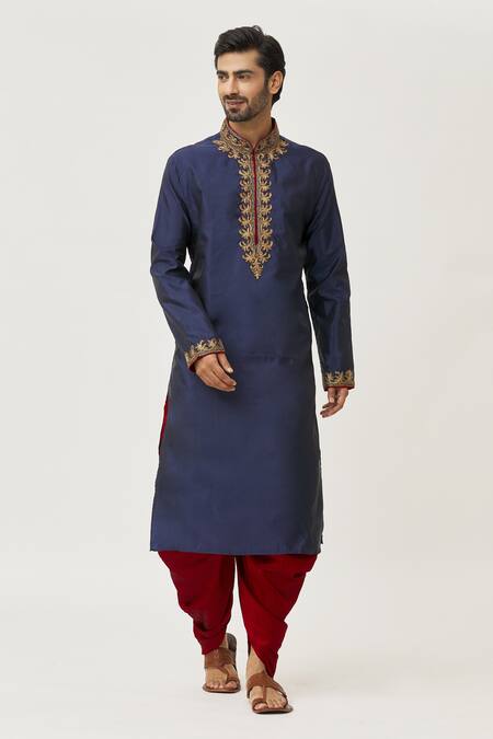 Arihant Rai Sinha Blue Silk Embroidery Placket Leaf Kurta And Dhoti Pant Set at Aza Fashions Arihant Rai Sinha_Blue Silk Embroidery Placket Leaf Kurta And Dhoti Pant Set_at_Aza_Fashions