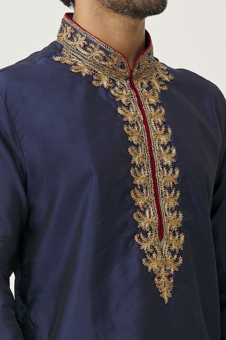 Buy Arihant Rai Sinha Blue Silk Embroidery Placket Leaf Kurta And Dhoti Pant Set Buy_Arihant Rai Sinha_Blue Silk Embroidery Placket Leaf Kurta And Dhoti Pant Set