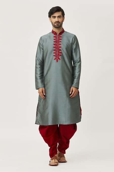 Buy_Arihant Rai Sinha_Grey Silk Embroidery Placket Thread Work Kurta And Maroon Dhoti Pant Set _Online_at_Aza_Fashions