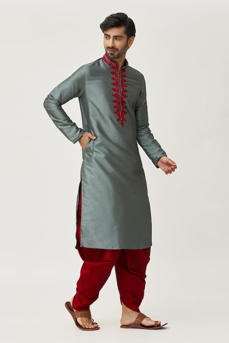 Shop_Arihant Rai Sinha_Grey Silk Embroidery Placket Thread Work Kurta And Maroon Dhoti Pant Set _Online_at_Aza_Fashions