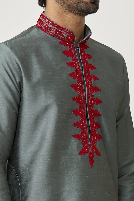Arihant Rai Sinha_Grey Silk Embroidery Placket Thread Work Kurta And Maroon Dhoti Pant Set _at_Aza_Fashions