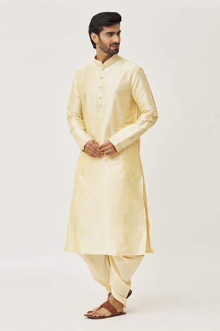 Shop_Arihant Rai Sinha_Beige Silk Embroidery Placket Work Kurta And Dhoti Pant Set_Online_at_Aza_Fashions