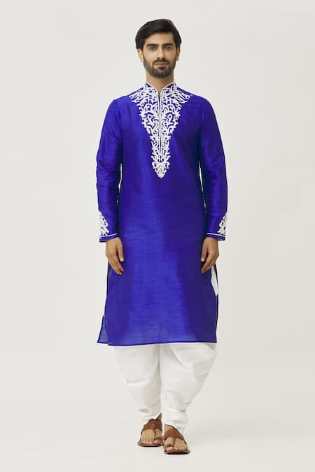 Buy_Arihant Rai Sinha_Blue Silk Embroidery Placket Dori Kurta And Dhoti Pant Set_Online_at_Aza_Fashions