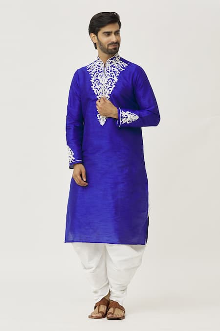 Shop_Arihant Rai Sinha_Blue Silk Embroidery Placket Dori Kurta And Dhoti Pant Set_Online_at_Aza_Fashions