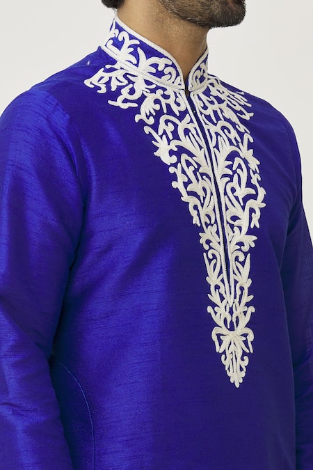 Arihant Rai Sinha_Blue Silk Embroidery Placket Dori Kurta And Dhoti Pant Set_at_Aza_Fashions