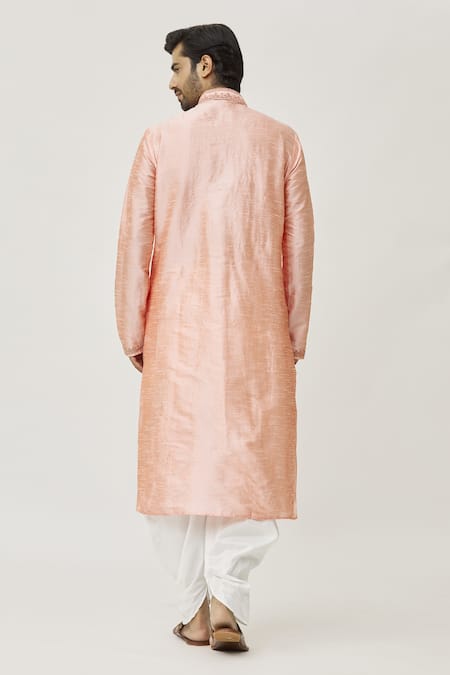 Shop Arihant Rai Sinha Pink Silk Embroidery Cuffs Thread Kurta And Dhoti Pant Set at Aza Fashions Shop_Arihant Rai Sinha_Pink Silk Embroidery Cuffs Thread Kurta And Dhoti Pant Set_at_Aza_Fashions