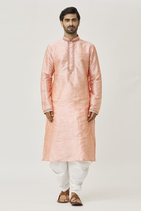 Arihant Rai Sinha Pink Silk Embroidery Cuffs Thread Kurta And Dhoti Pant Set Online at Aza Fashions Arihant Rai Sinha_Pink Silk Embroidery Cuffs Thread Kurta And Dhoti Pant Set_Online_at_Aza_Fashions