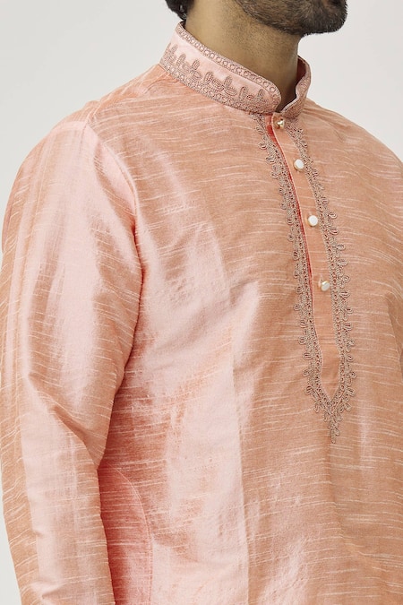 Shop Arihant Rai Sinha Pink Silk Embroidery Cuffs Thread Kurta And Dhoti Pant Set Online at Aza Fashions Shop_Arihant Rai Sinha_Pink Silk Embroidery Cuffs Thread Kurta And Dhoti Pant Set_Online_at_Aza_Fashions