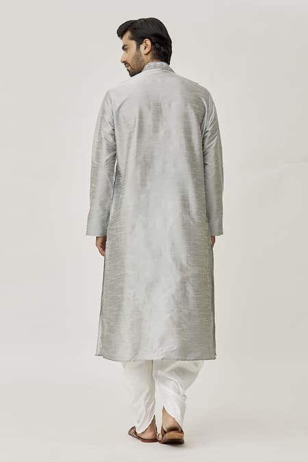 Shop Arihant Rai Sinha Grey Silk Embroidery Placket Thread Work Kurta And Off-white Dhoti Pant Set at Aza Fashions Shop_Arihant Rai Sinha_Grey Silk Embroidery Placket Thread Work Kurta And Off-white Dhoti Pant Set _at_Aza_Fashions
