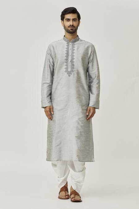 Arihant Rai Sinha Grey Silk Embroidery Placket Thread Work Kurta And Off-white Dhoti Pant Set Online at Aza Fashions Arihant Rai Sinha_Grey Silk Embroidery Placket Thread Work Kurta And Off-white Dhoti Pant Set _Online_at_Aza_Fashions
