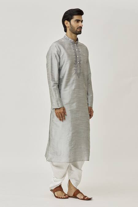 Buy Arihant Rai Sinha Grey Silk Embroidery Placket Thread Work Kurta And Off-white Dhoti Pant Set Online at Aza Fashions Buy_Arihant Rai Sinha_Grey Silk Embroidery Placket Thread Work Kurta And Off-white Dhoti Pant Set _Online_at_Aza_Fashions