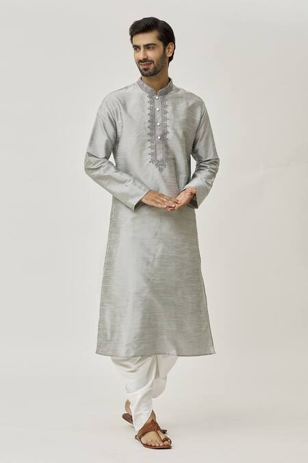 Shop Arihant Rai Sinha Grey Silk Embroidery Placket Thread Work Kurta And Off-white Dhoti Pant Set Online at Aza Fashions Shop_Arihant Rai Sinha_Grey Silk Embroidery Placket Thread Work Kurta And Off-white Dhoti Pant Set _Online_at_Aza_Fashions