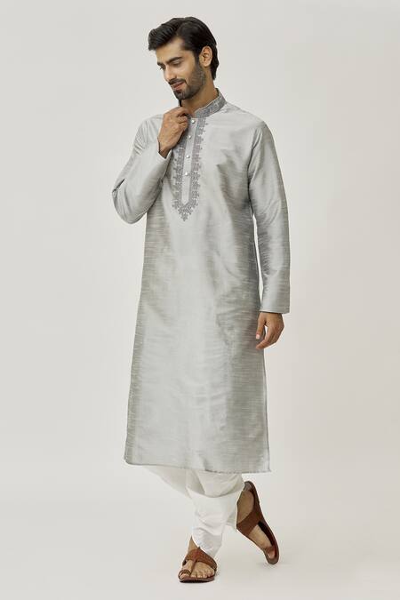 Arihant Rai Sinha Grey Silk Embroidery Placket Thread Work Kurta And Off-white Dhoti Pant Set at Aza Fashions Arihant Rai Sinha_Grey Silk Embroidery Placket Thread Work Kurta And Off-white Dhoti Pant Set _at_Aza_Fashions