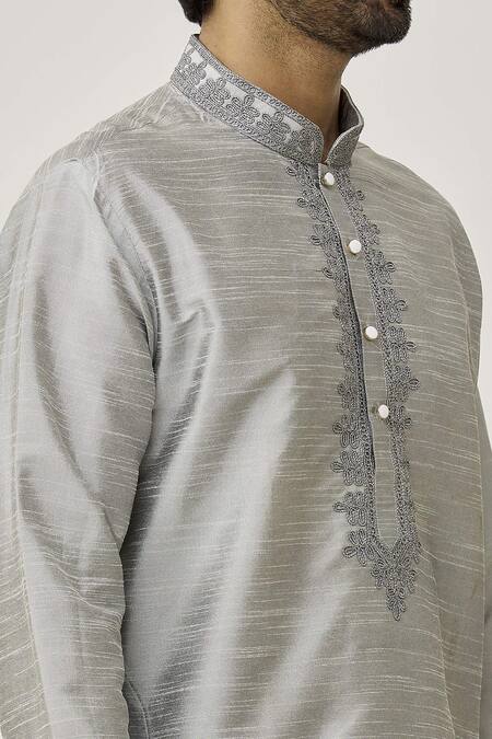 Buy Arihant Rai Sinha Grey Silk Embroidery Placket Thread Work Kurta And Off-white Dhoti Pant Set Buy_Arihant Rai Sinha_Grey Silk Embroidery Placket Thread Work Kurta And Off-white Dhoti Pant Set