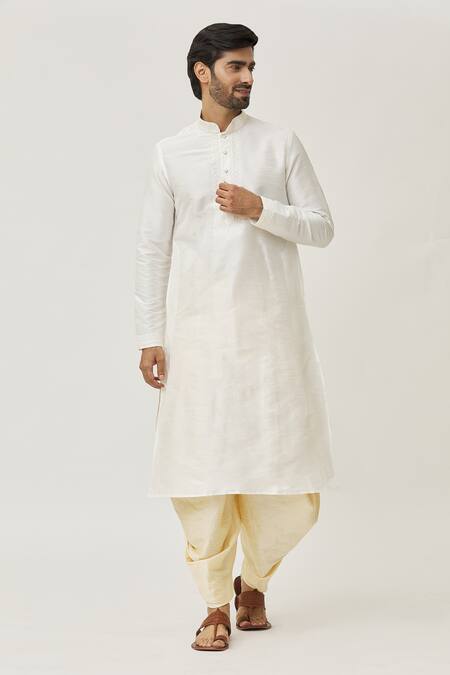 Buy_Arihant Rai Sinha_Off White Silk Embroidery Placket Long Kurta And Dhoti Pant Set _Online_at_Aza_Fashions