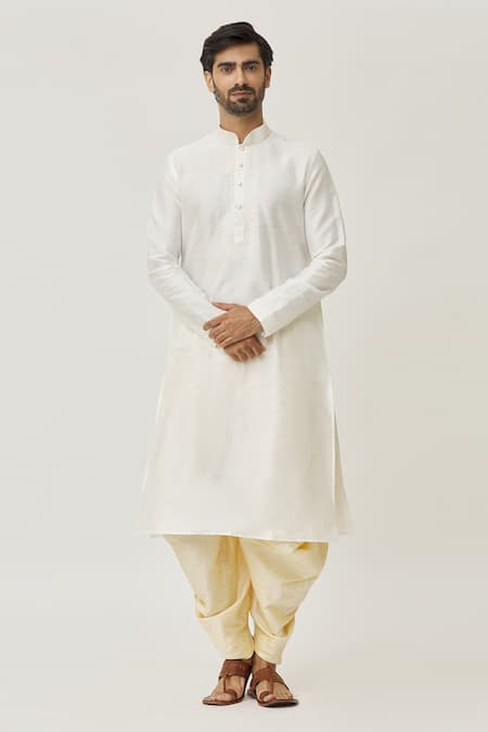 Shop_Arihant Rai Sinha_Off White Silk Embroidery Placket Long Kurta And Dhoti Pant Set _Online_at_Aza_Fashions