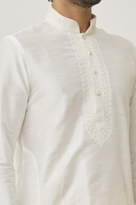 Arihant Rai Sinha_Off White Silk Embroidery Placket Long Kurta And Dhoti Pant Set _at_Aza_Fashions