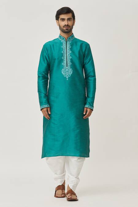 Arihant Rai Sinha_Green Silk Embroidery Placket Thread Kurta And Dhoti Pant Set_Online_at_Aza_Fashions