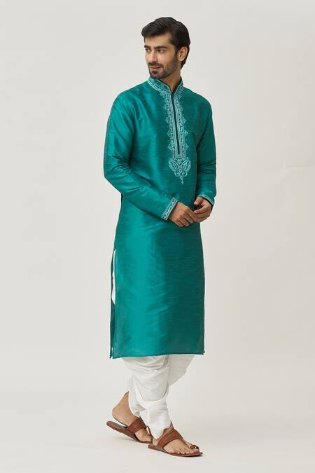 Buy_Arihant Rai Sinha_Green Silk Embroidery Placket Thread Kurta And Dhoti Pant Set_Online_at_Aza_Fashions