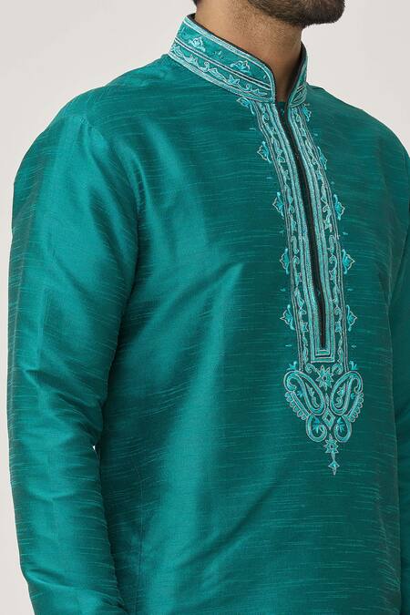 Shop_Arihant Rai Sinha_Green Silk Embroidery Placket Thread Kurta And Dhoti Pant Set_Online_at_Aza_Fashions