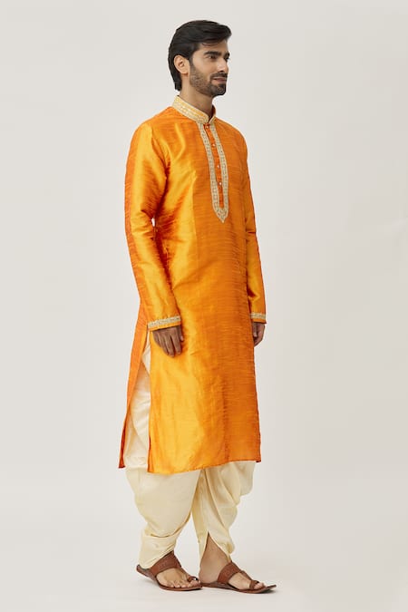 Buy_Arihant Rai Sinha_Orange Silk Embroidery Cuff Thread Kurta And Dhoti Pant Set_Online_at_Aza_Fashions
