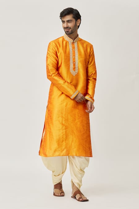 Shop_Arihant Rai Sinha_Orange Silk Embroidery Cuff Thread Kurta And Dhoti Pant Set_Online_at_Aza_Fashions