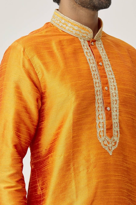 Arihant Rai Sinha_Orange Silk Embroidery Cuff Thread Kurta And Dhoti Pant Set_at_Aza_Fashions