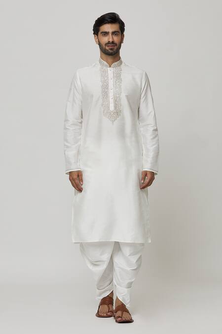 Arihant Rai Sinha Off White Silk Embroidery Placket Thread Work Kurta And Dhoti Pant Set Online at Aza Fashions Arihant Rai Sinha_Off White Silk Embroidery Placket Thread Work Kurta And Dhoti Pant Set _Online_at_Aza_Fashions