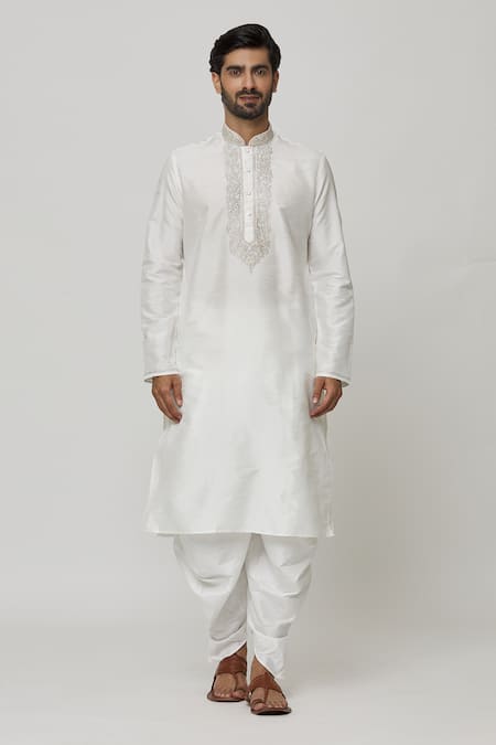 Buy Arihant Rai Sinha Off White Silk Embroidery Placket Thread Work Kurta And Dhoti Pant Set Online at Aza Fashions Buy_Arihant Rai Sinha_Off White Silk Embroidery Placket Thread Work Kurta And Dhoti Pant Set _Online_at_Aza_Fashions