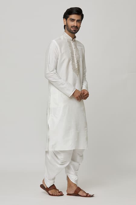 Shop Arihant Rai Sinha Off White Silk Embroidery Placket Thread Work Kurta And Dhoti Pant Set Online at Aza Fashions Shop_Arihant Rai Sinha_Off White Silk Embroidery Placket Thread Work Kurta And Dhoti Pant Set _Online_at_Aza_Fashions