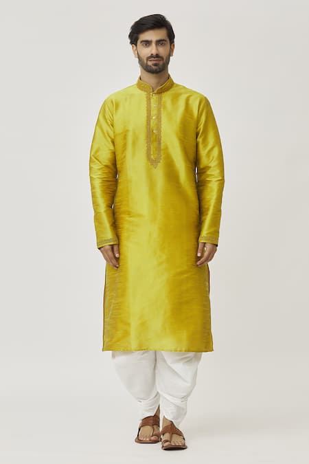 Arihant Rai Sinha_Green Silk Embroidery Placket Aari Kurta And Dhoti Pant Set _Online_at_Aza_Fashions
