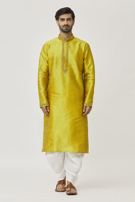 Buy_Arihant Rai Sinha_Green Silk Embroidery Placket Aari Kurta And Dhoti Pant Set _Online_at_Aza_Fashions